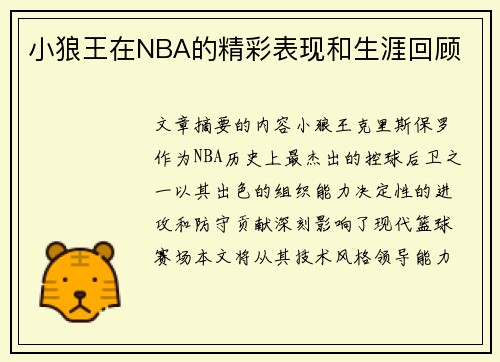 小狼王在NBA的精彩表现和生涯回顾